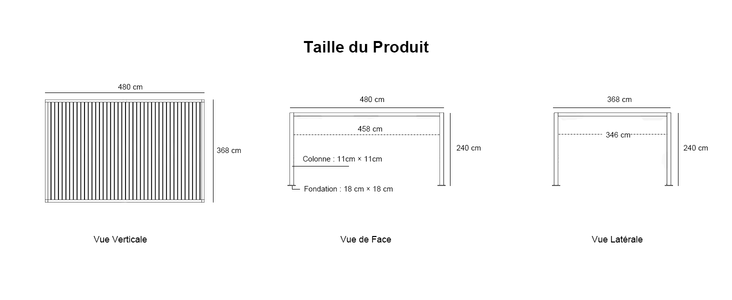 Schéma technique des dimensions du produit montrant trois vues avec les mesures et les spécifications en français.