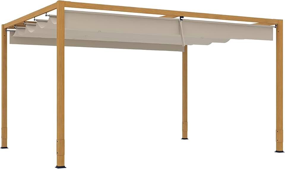 jardinito - Pergola aluminium série bois naturel - 4x3m - toit rétractable, drainage intégré