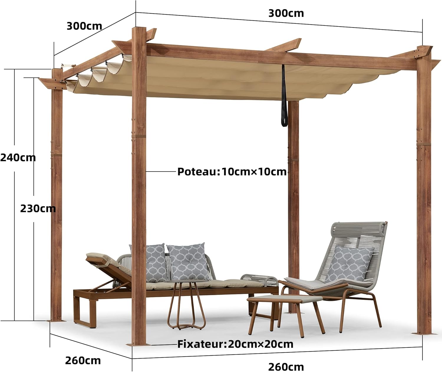jardinito - Pergola 3x3m - aluminium, éclairage, toit rétractable
