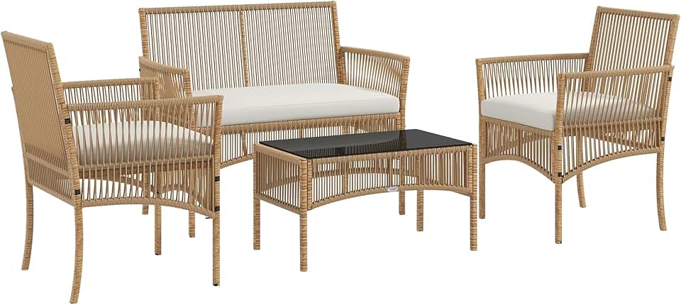 jardinito - Salon de jardin 4p - métal/résine, coussins beige, table verre