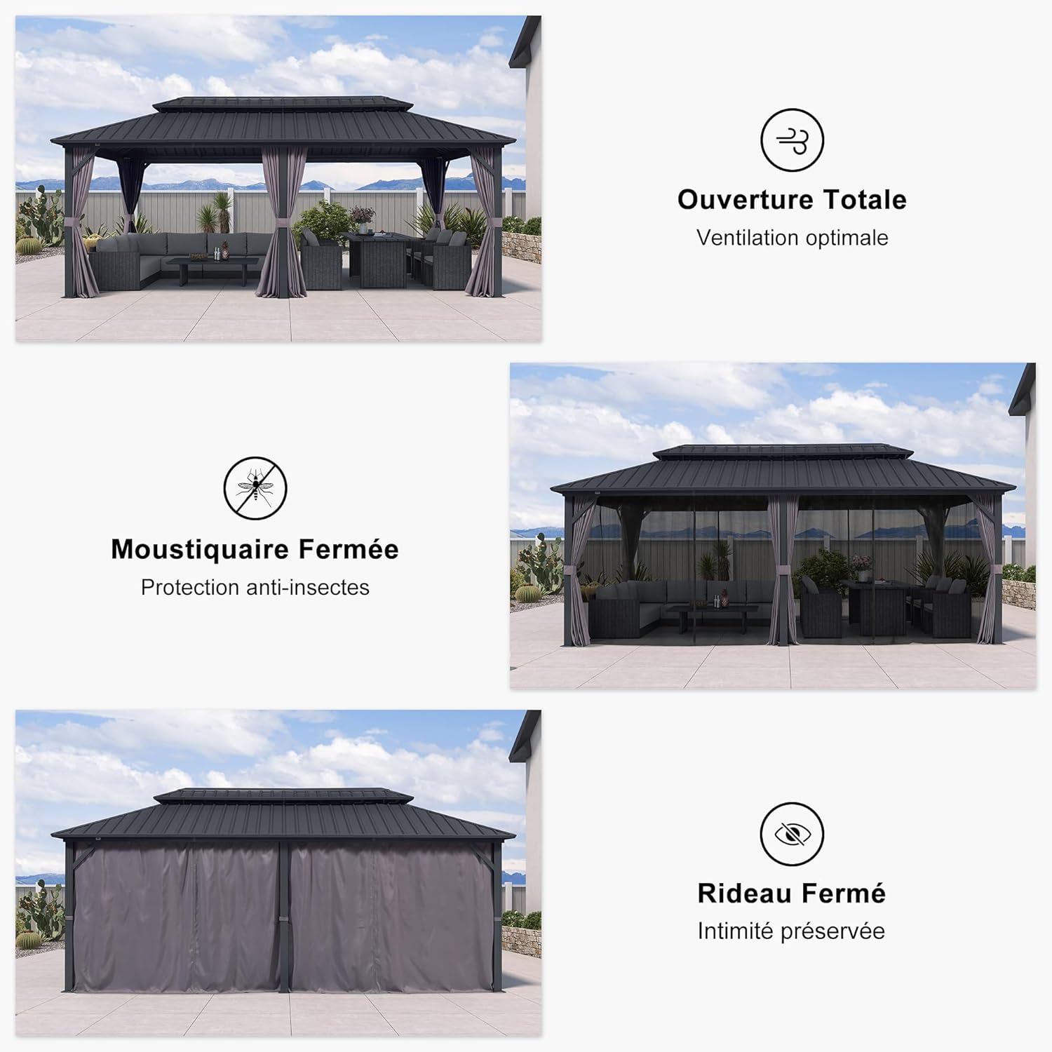 jardinito - pergola double toit 6x3m, alu & acier, rideaux & moustiquaire