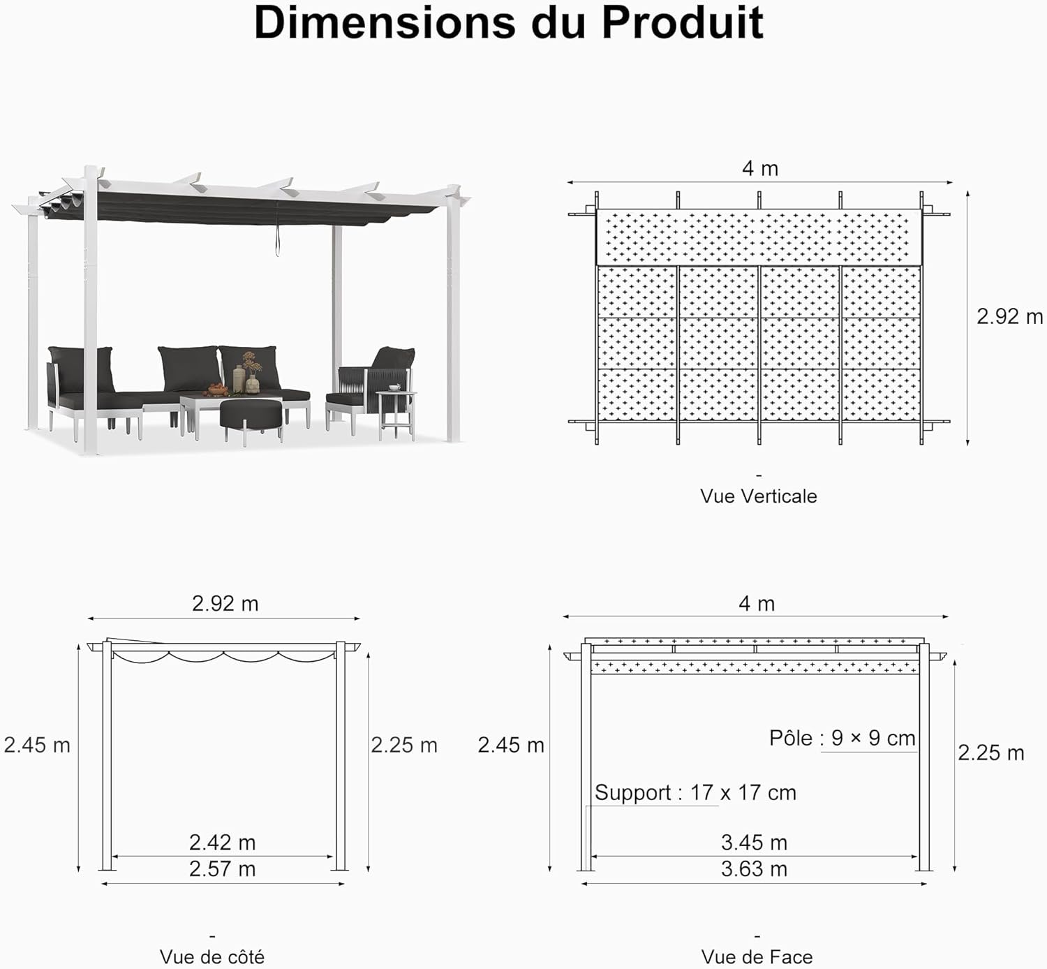 jardinito - pergola aluminium série - 4x3m - toit métal blanc, toile rétractable, étanche