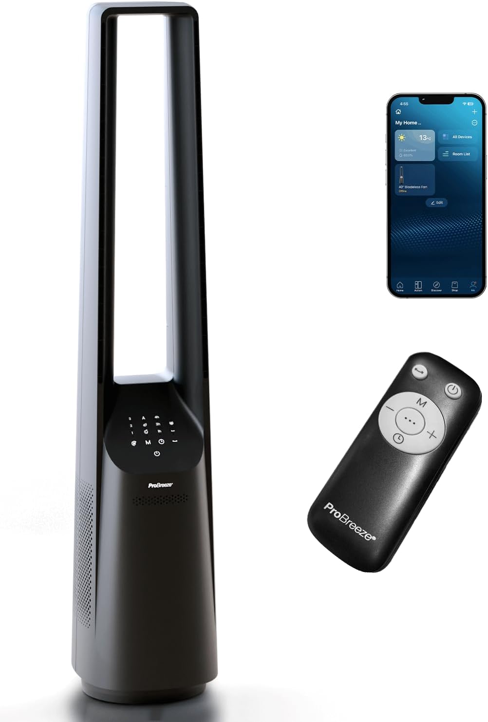 jardinito - Ventilateur colonne sans pales - 101 cm - WiFi, ultra silencieux, LED, télécommande, 6 vitesses, 5 modes, o