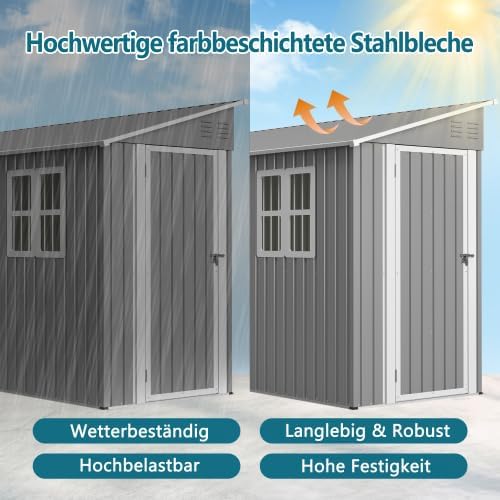 Abri en métal de 4 x 10 pieds avec kit de sol, toit en appentis avec double porte et 2 fenêtres, abri stable pour jardin, terrasse, cour, environ 1,2 x 3 m, gris