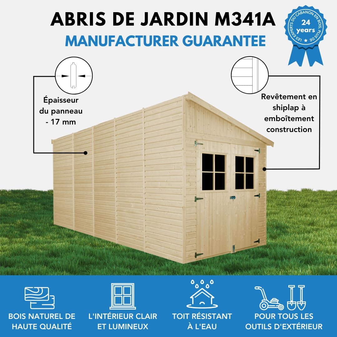 Abri de Jardin en Bois Naturel (avec paroi latérale) Plus Les PLANCHERS IMPRÉGNÉ- Stockage extérieur avec fenêtres- H244x218x514 cm/10 m2- Atelier Rangement Outils et vélos- jardinito M341A+M341G