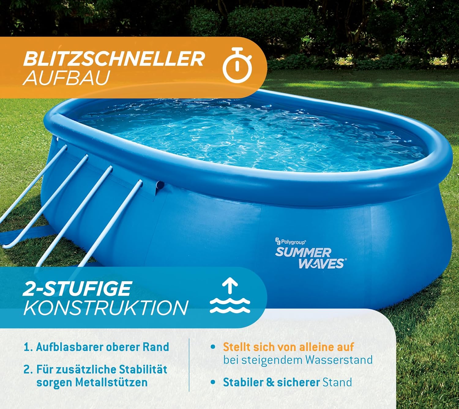 jardinito Quick Up Kit complet de piscine - Ovale - 457 x 305 x 107 cm - Bleu - Piscine hors-sol et piscine avec pompe à filtre, échelle, tapis de sol et bâche