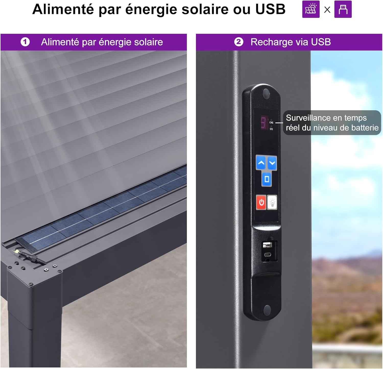 jardinito - Pergola bioclimatique - 3,5x8,5m - aluminium, lames LED, étanche
