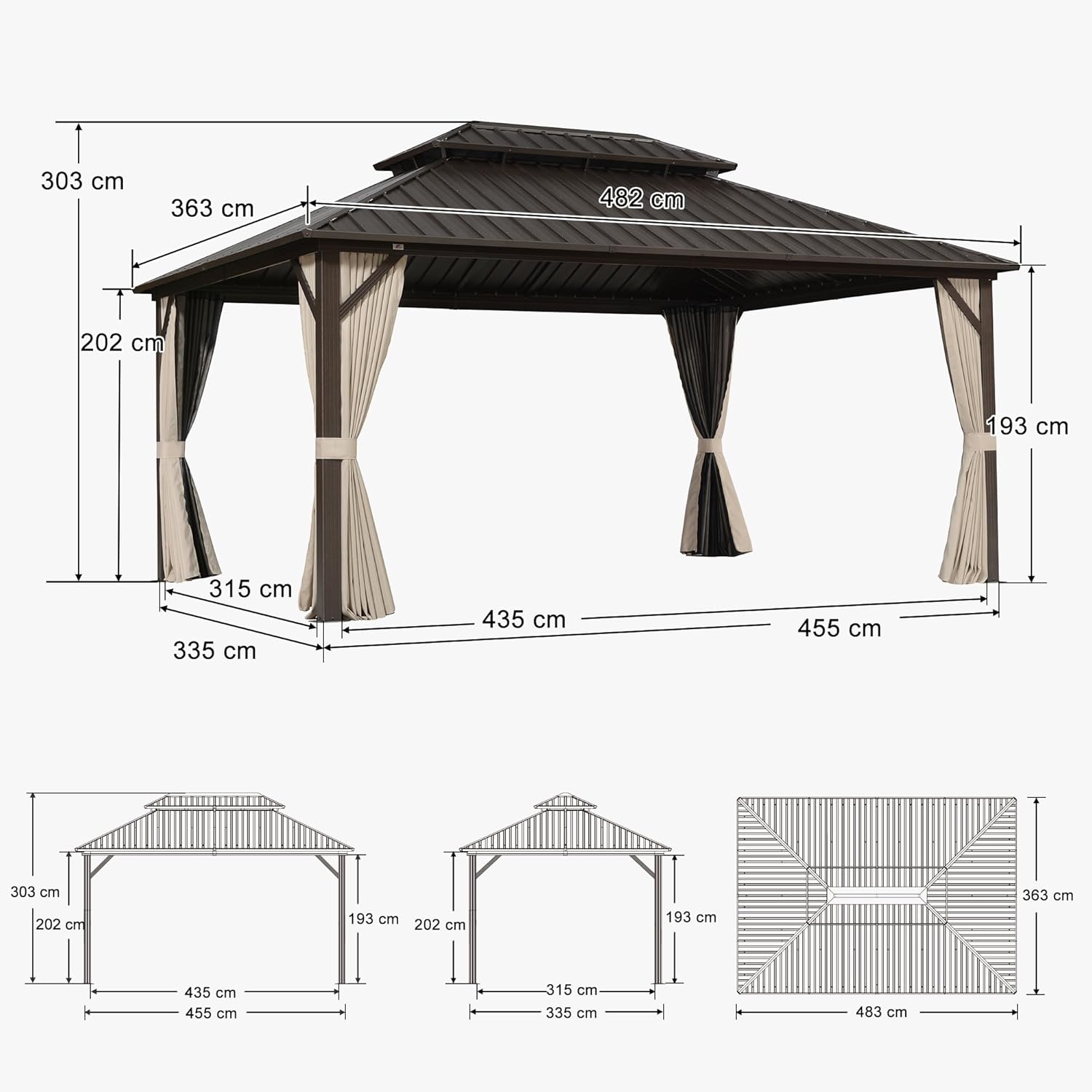 Pergolat double toit alu 4,85x3,65m, moustiquaire, bronze