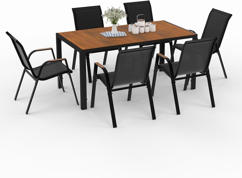 jardinito - Salon de jardin NOUMEA - 150 cm - plateau verre/bois, 6 chaises