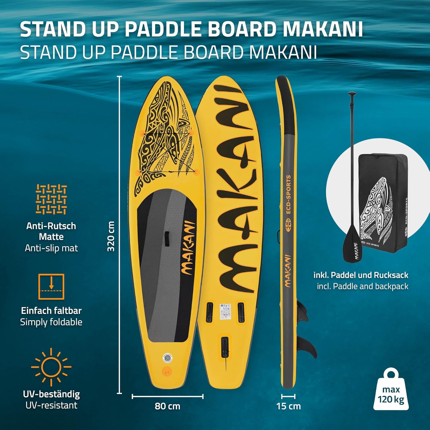 jardinito - stand up paddle série gonflable - 305/308/320/380 cm - PVC, 120/150 kg, 10/15 cm épaisseur