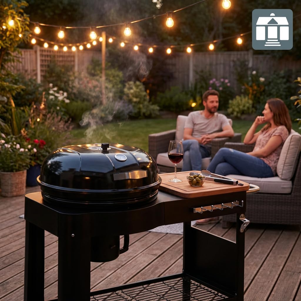 jardinito - Barbecue Calgary - acier/bois - couvercle thermomètre, tablettes, 2 roues, noir