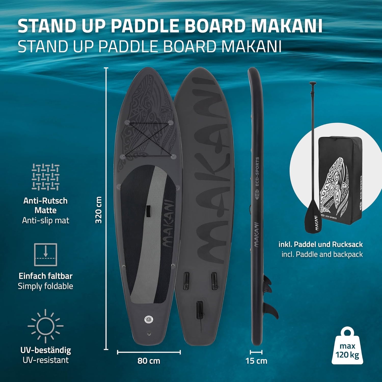 jardinito - Stand Up Paddle Gonflable - 305/308/320/380 cm - PVC, 120/150 kg, épaisseur 10/15 cm