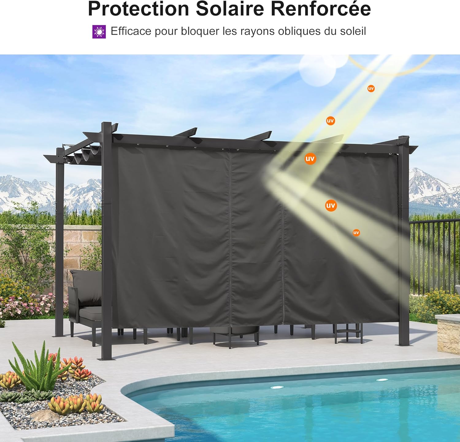 jardinito - Pergola Aluminium - 4x3m - Rideau, toit rétractable, imperméable