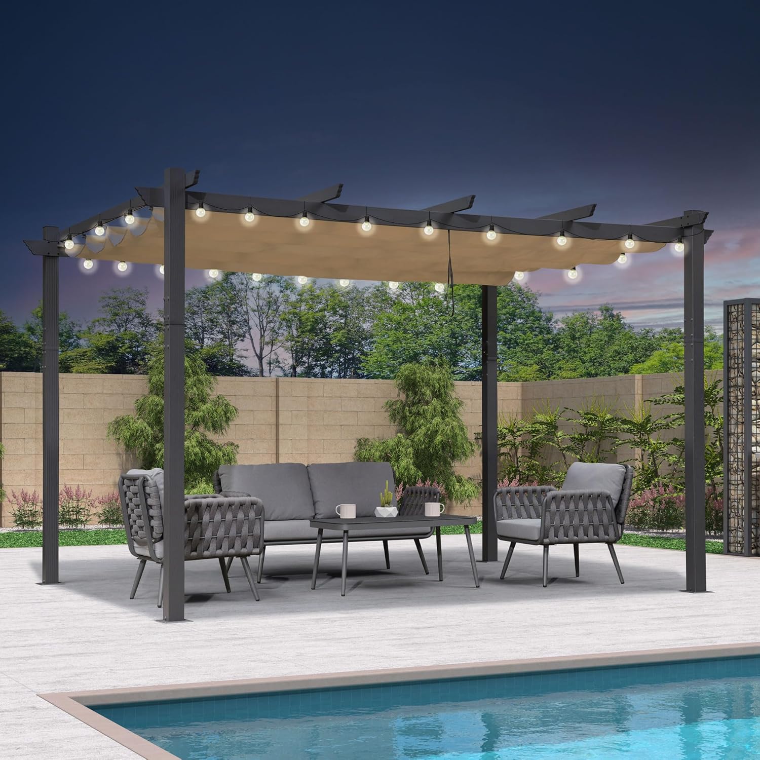 jardinito - Pergola Aluminium - 4x3,2m - LED intégrée, toit rétractable, kaki