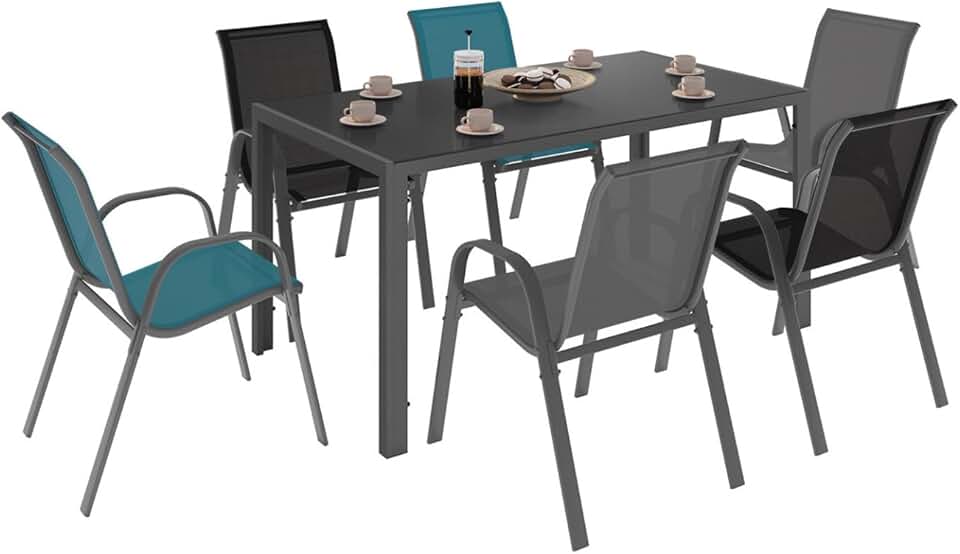 jardinito - Salon Madrid - Table 150 cm, 6 chaises mix gris/noir/bleu