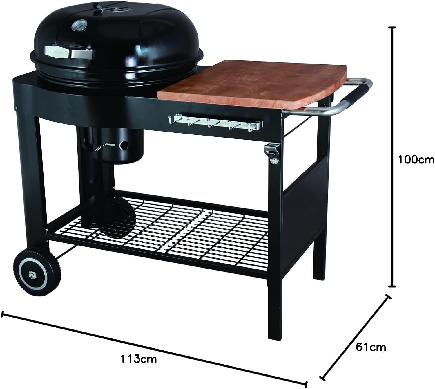 jardinito - Barbecue Calgary - acier/bois - couvercle thermomètre, tablettes, 2 roues, noir