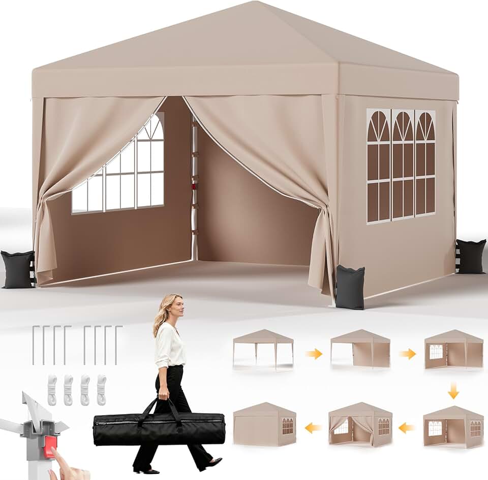 jardinito Tonnelle Pliante 3x3 imperméable, Hauteur Réglable, Toile Épaisse avec Fermeture Velcro, Structure Robuste, Protection Anti-UV, Idéale pour Camping, Jardin et Plus Encore, Beige