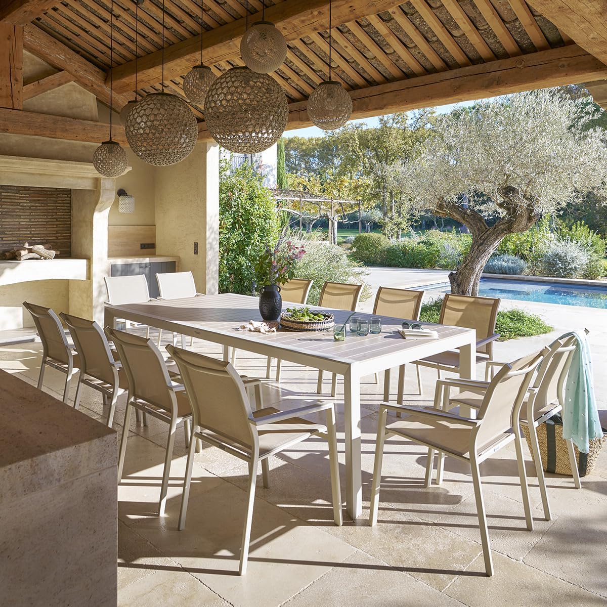 jardinito - Évasion - table jardin alu 12 places effet bois lin argile