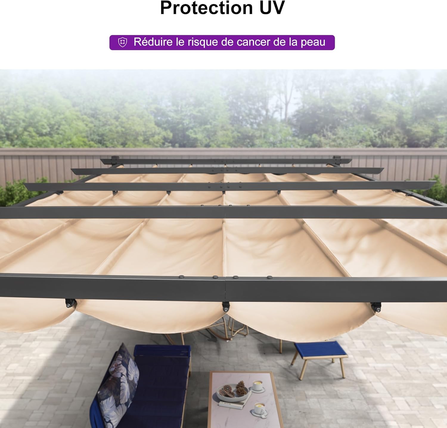 jardinito - Pergola Aluminium - 4x3m - Toit coulissant, tissu kaki