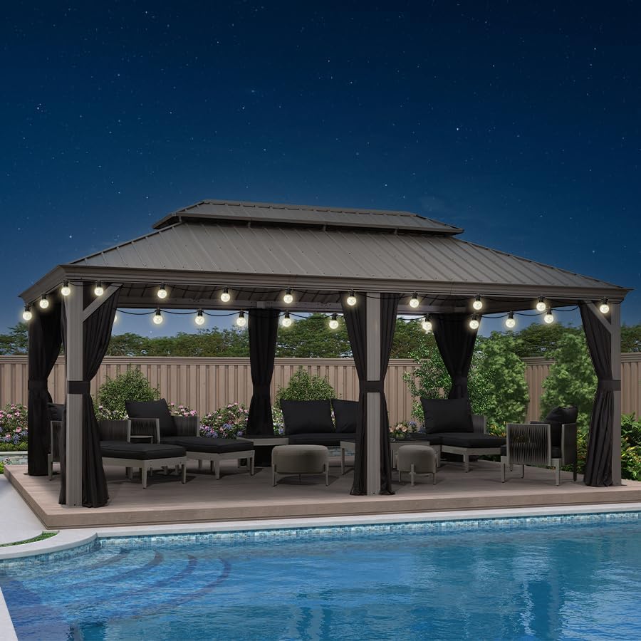 jardinito - Pergola double toit aluminium 3,65x6m rideaux LED, Gris -