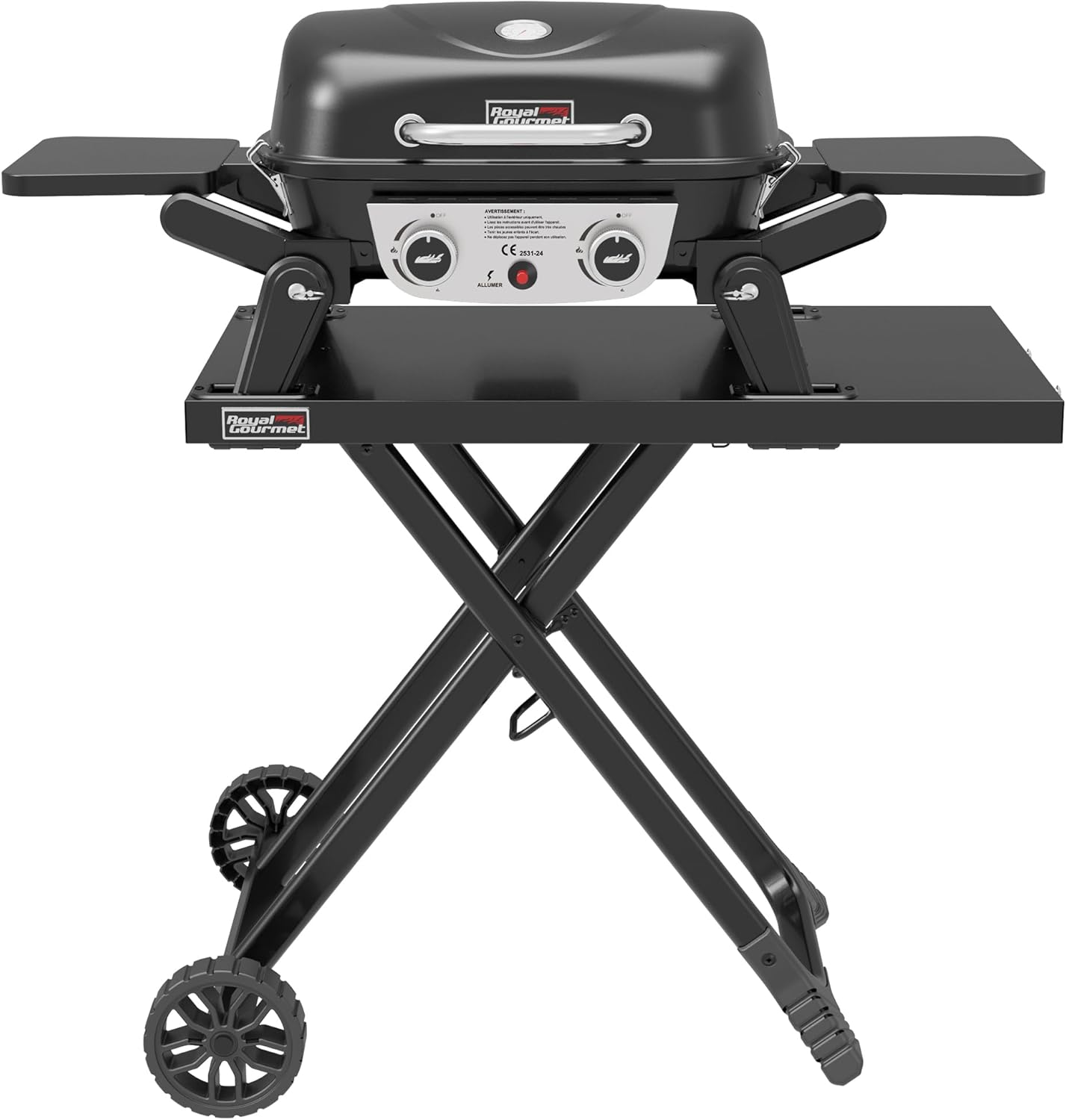 jardinito - barbecue gaz portable - 48x37 cm - 2 brûleurs, tables pliantes, chariot détachable, 5kW