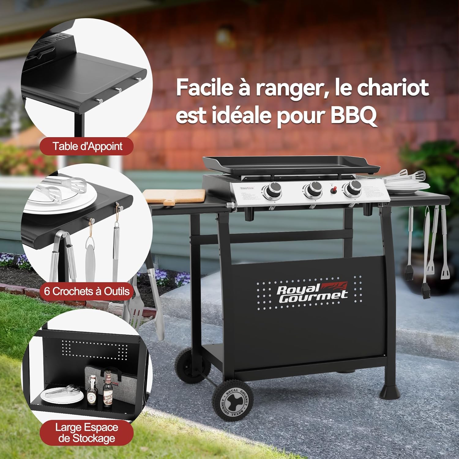 jardinito - Plancha sur chariot 62x35,5cm - 3 brûleurs puissants 7,5kW