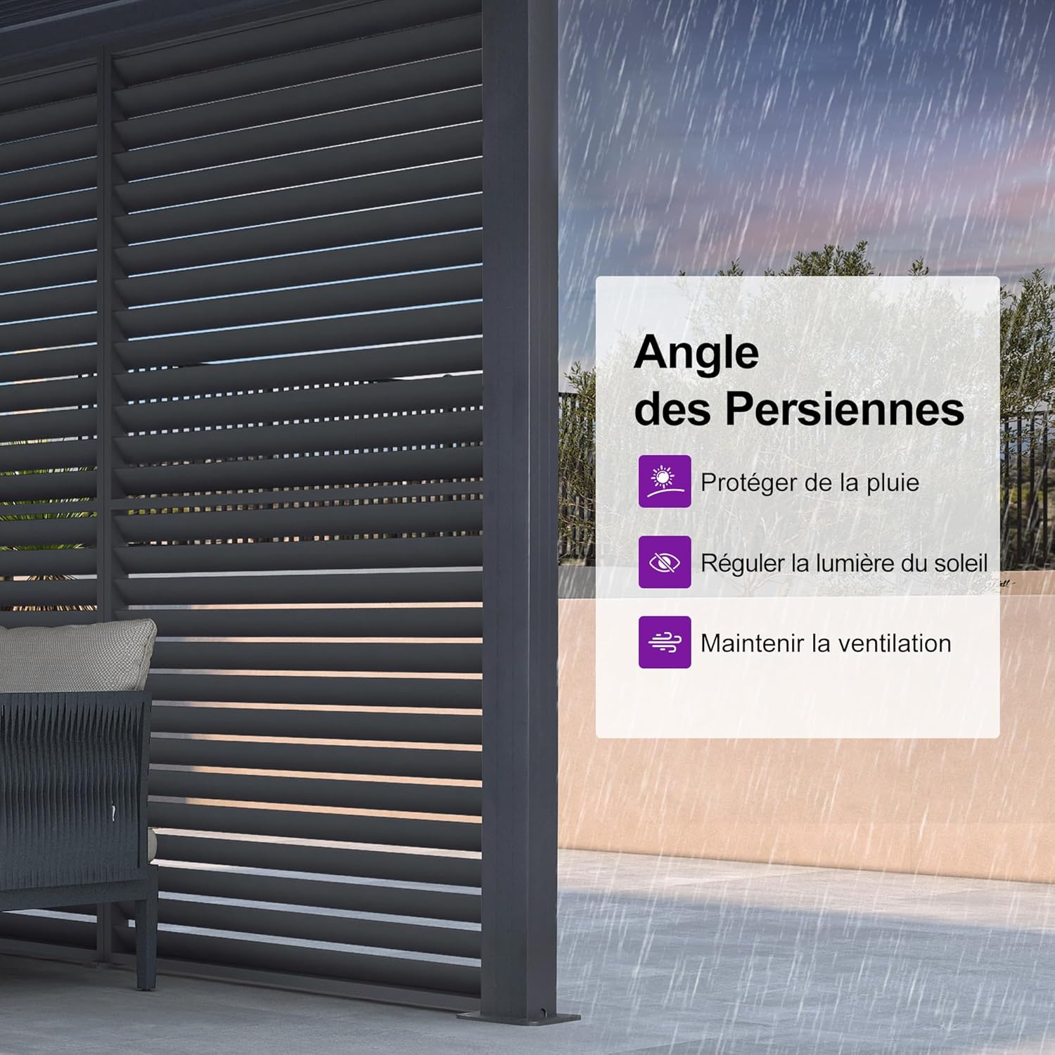 jardinito - Pergola aluminium bioclimatique 4,8x3m, lames orientables, persiennes fixes, gris