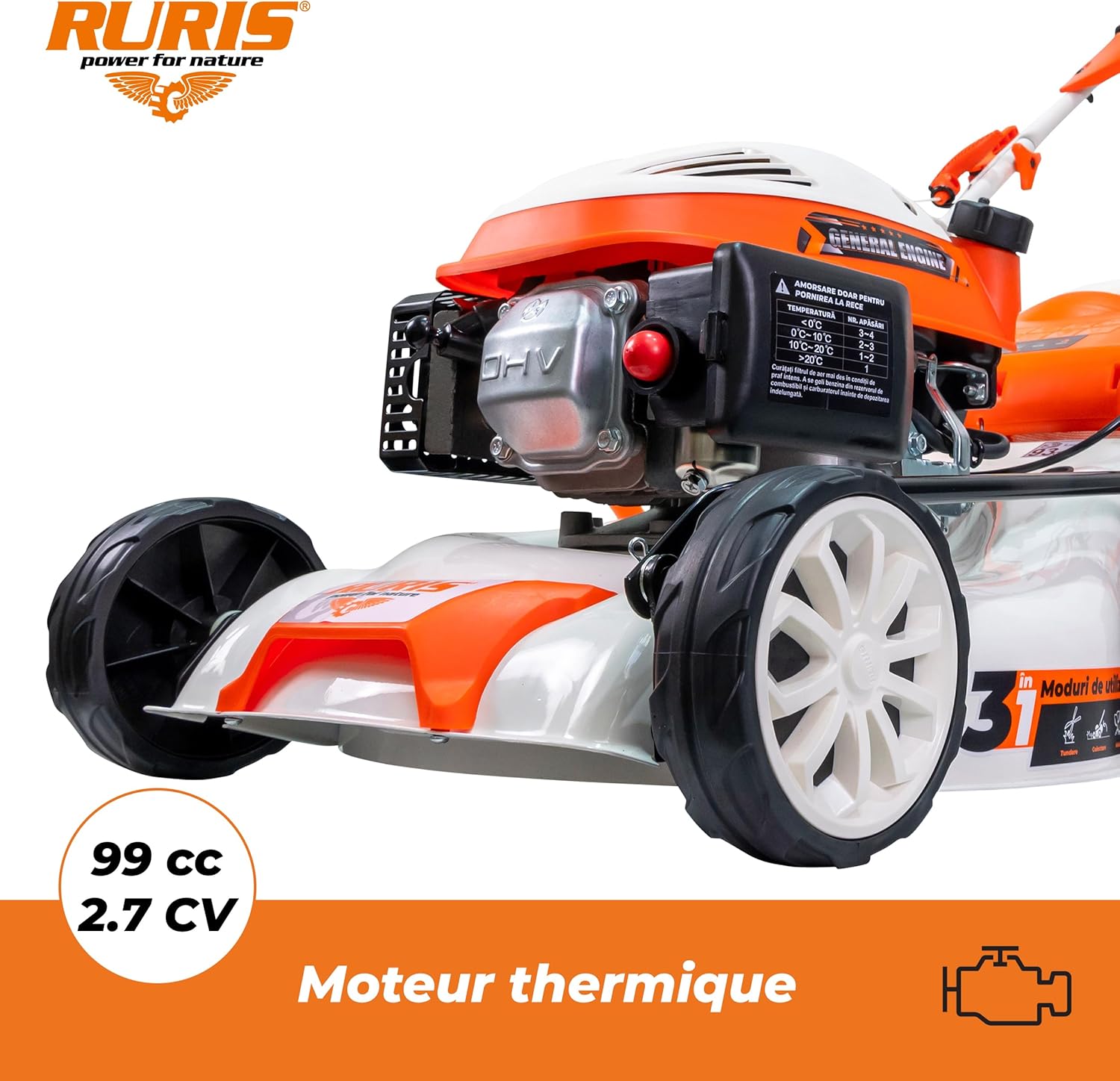 RURIS Tondeuse à Gazon Thermique RX200S, 2,7 CV, 42 cm, Sac 45L, 3 en 1: Collecte, Éjection Arrière, Mulching, Châssis Acier, Hauteur Réglable 25-75 mm, Orange