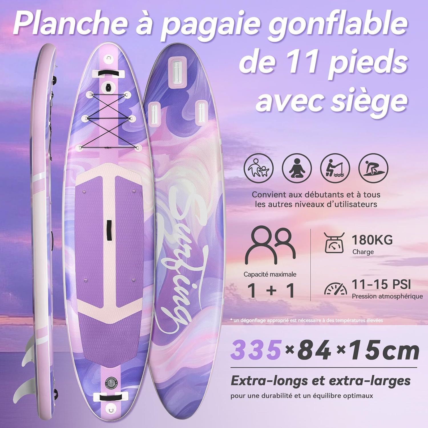 jardinito - Paddle Gonflable Série Adulte - 320/335cm - 2 personnes, siège kayak, pagaie alu, support caméra, jusqu'à 15