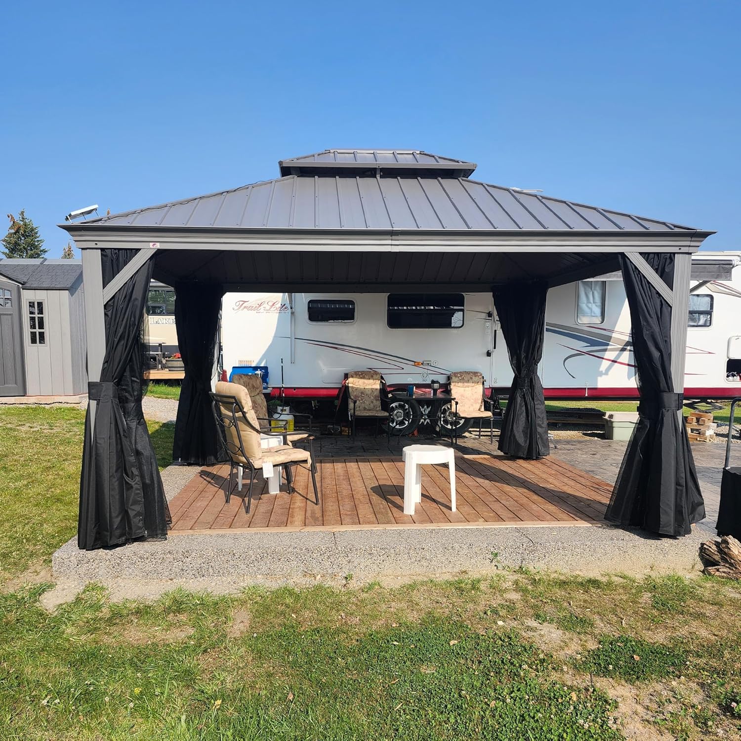 jardinito - tonnelle jardin double toit - 3,65x4,25m - aluminium, moustiquaire, rideaux