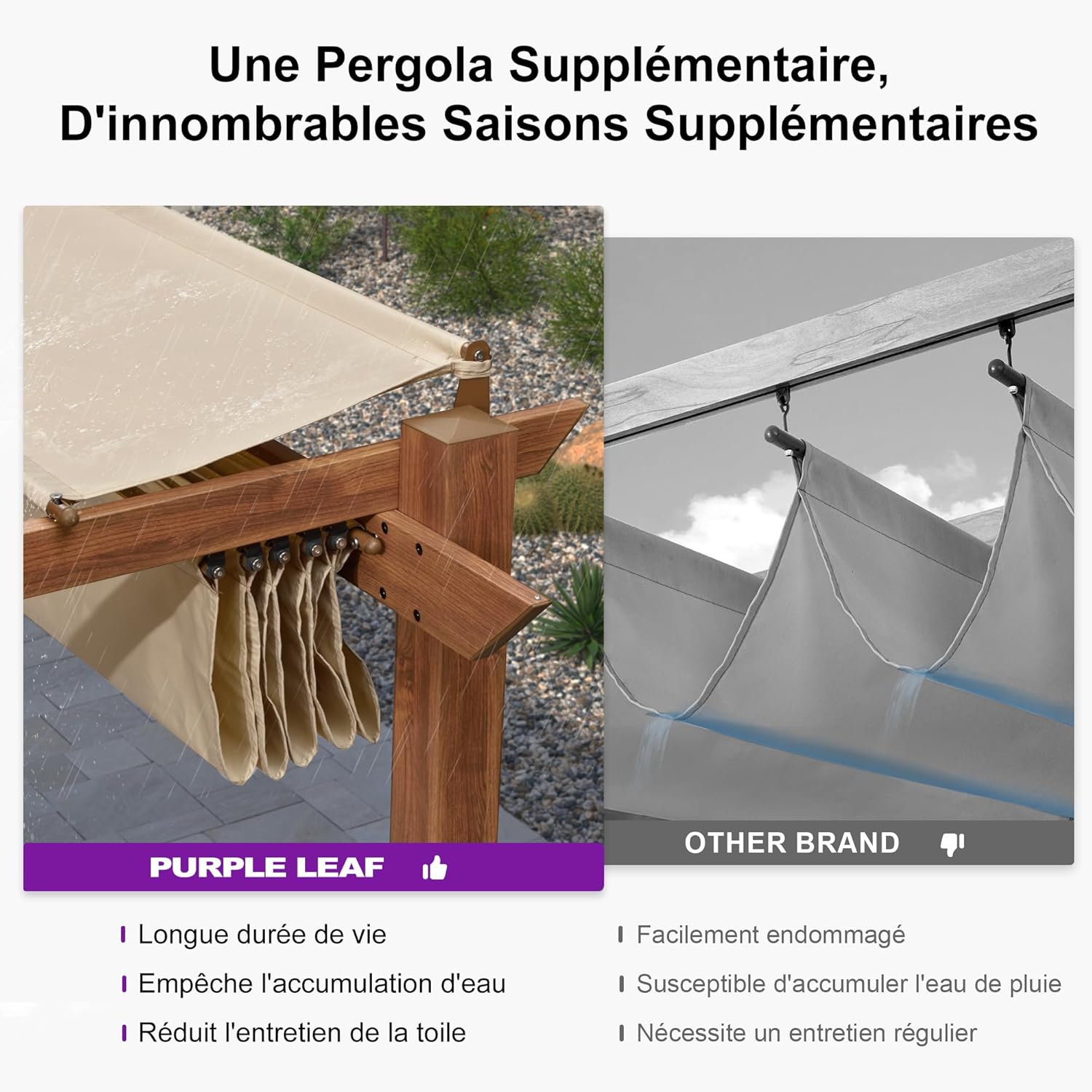 jardinito - Pergola alu finition teck 4x3m - toile rétractable, rideau, kaki