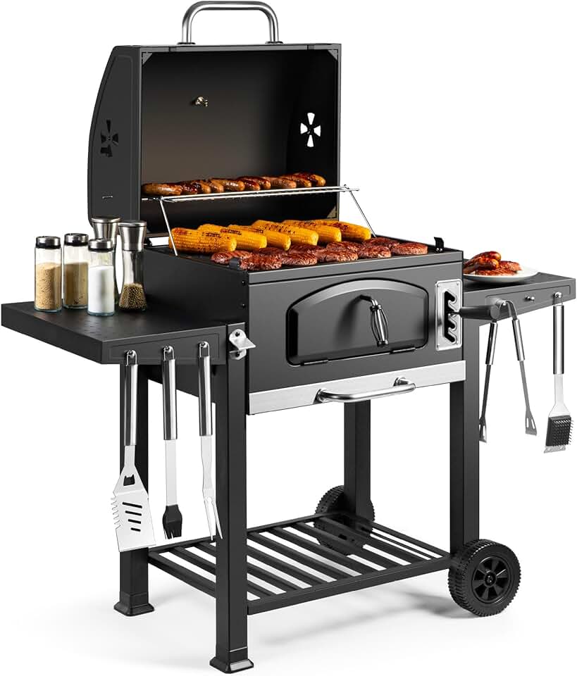 jardinito - Barbecue XL - grande capacité, tablettes, fumoir, roues