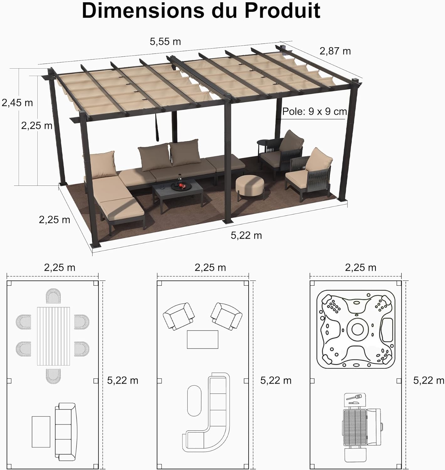 jardinito - Pergola aluminium 5,5x3m toit coulissant extérieur