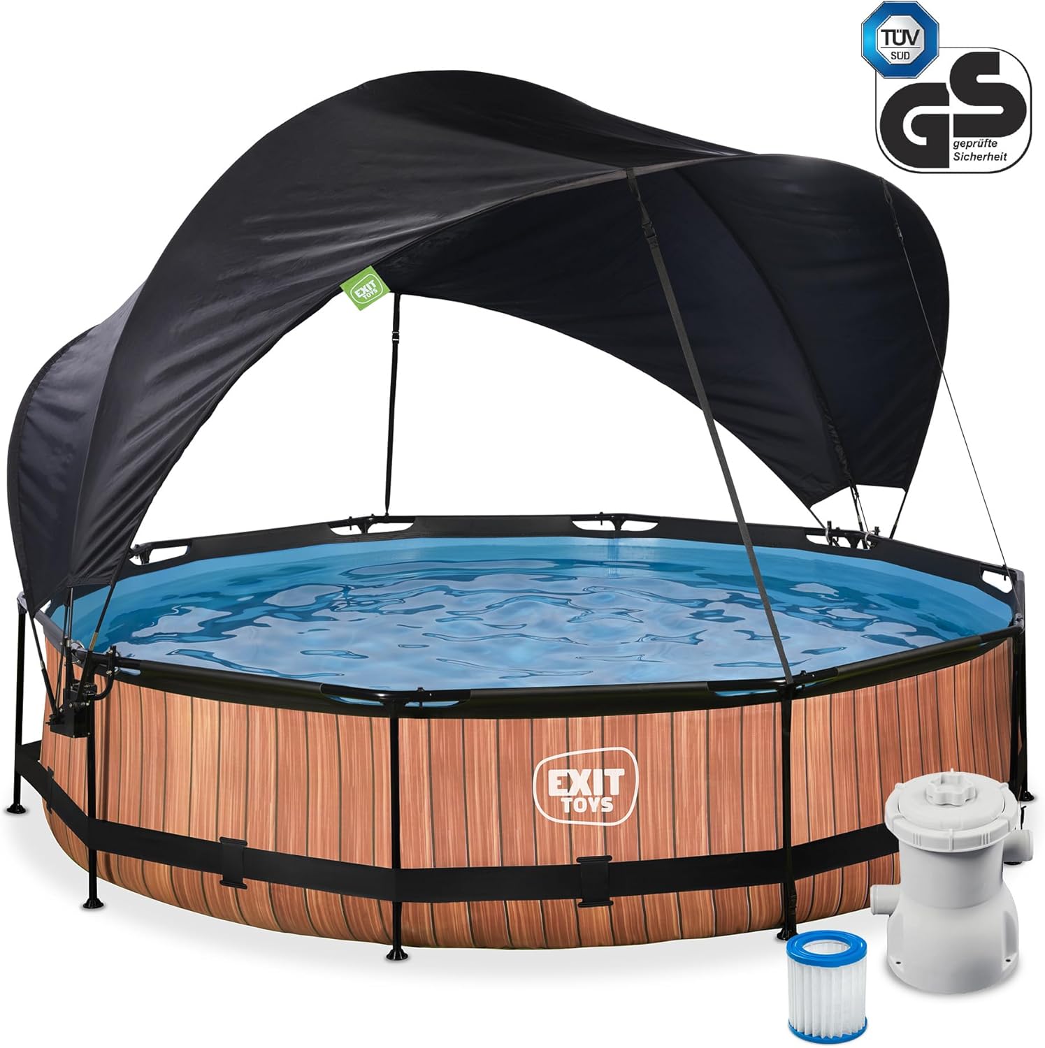 jardinito Piscine Wood avec Voile d'Ombrage - ø360x76cm - Piscine Hors Sol Ronde avec Pompe Filtrante à Cartouche - Protection Optimale Contre Les Rayons UV - Entrée Basse - Design Unique - Marron