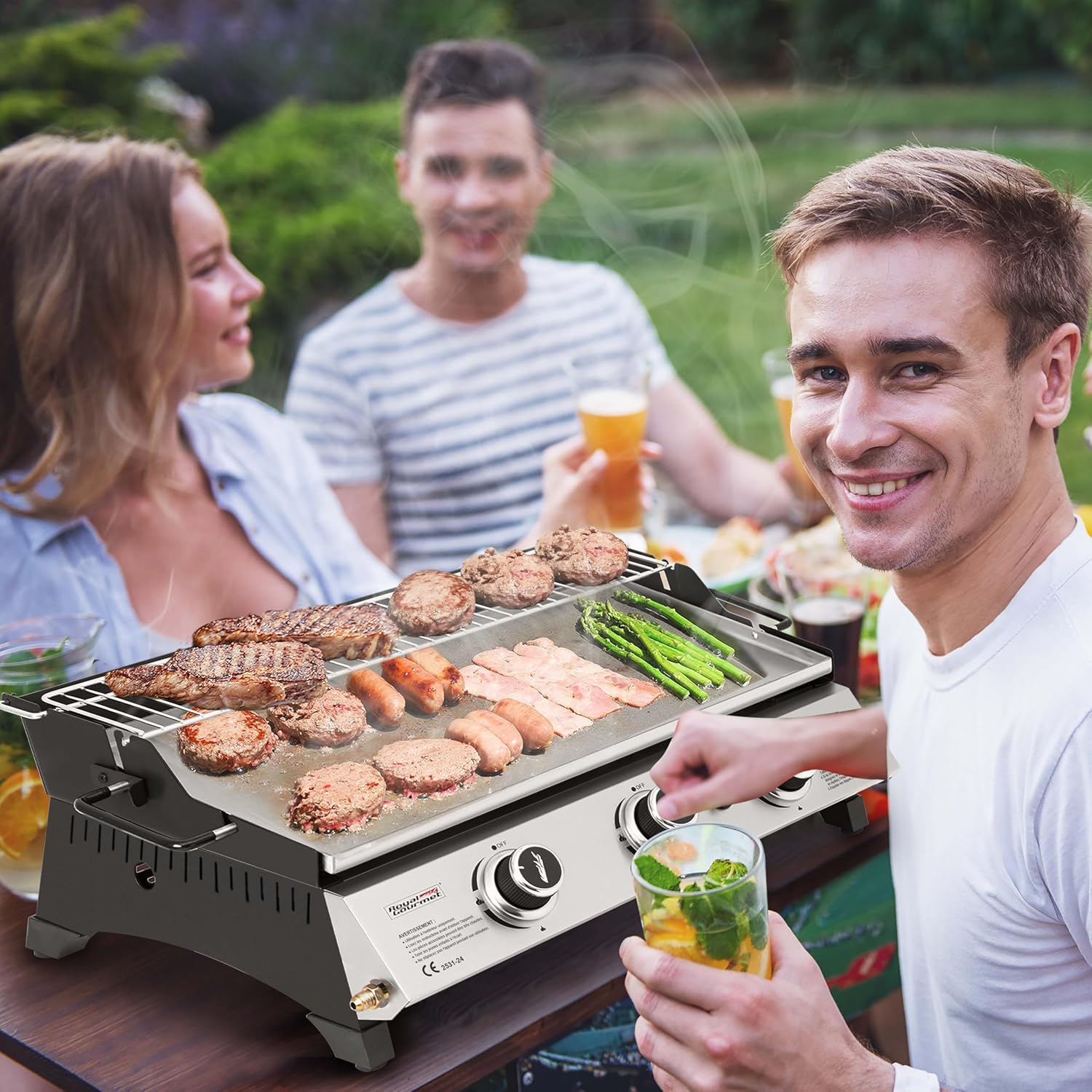 jardinito - Plancha gaz inox 3 brûleurs 61,5x32cm, 7,5kW, usage extérieur