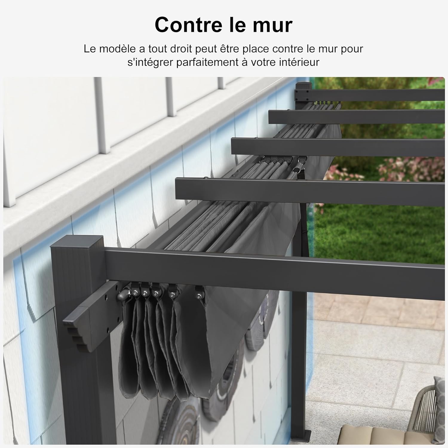 jardinito - Pergola murale série aluminium 4x2,7m toit coulissant, tissu teint, gris