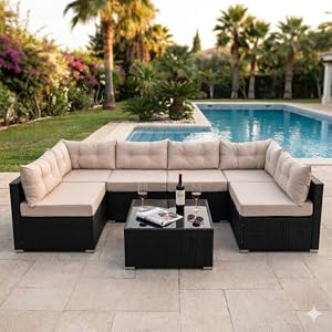 Canapé sectionnel d'extérieur modulaire beige et noir avec coussins disposés en U sur le patio, centre de table basse noir, décor au bord de la piscine avec palmiers et piscine bleue en arrière-plan.