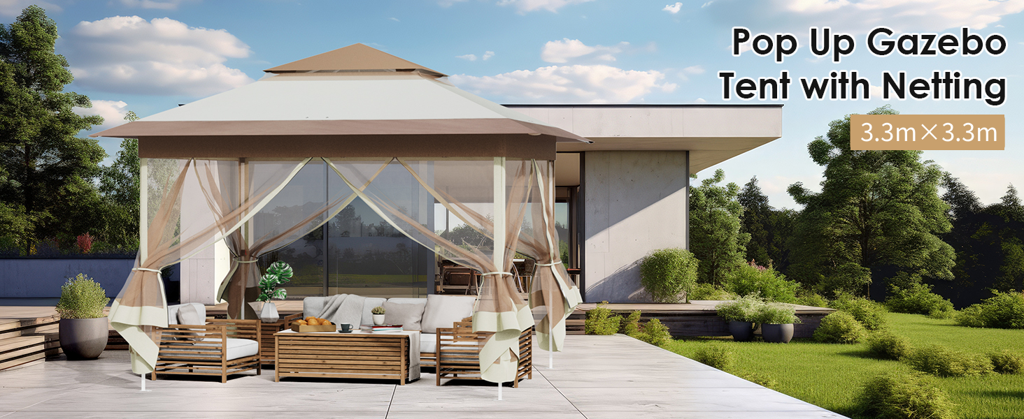 Le texte indique « Tente de belvédère escamotable avec filet ». Tente extérieure à baldaquin amovible beige avec côtés en filet installée sur une terrasse résidentielle.