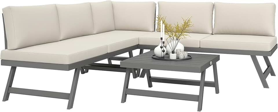 jardinito - salon de jardin d'angle convertible 4 pcs - alu et acier, coussins, beige