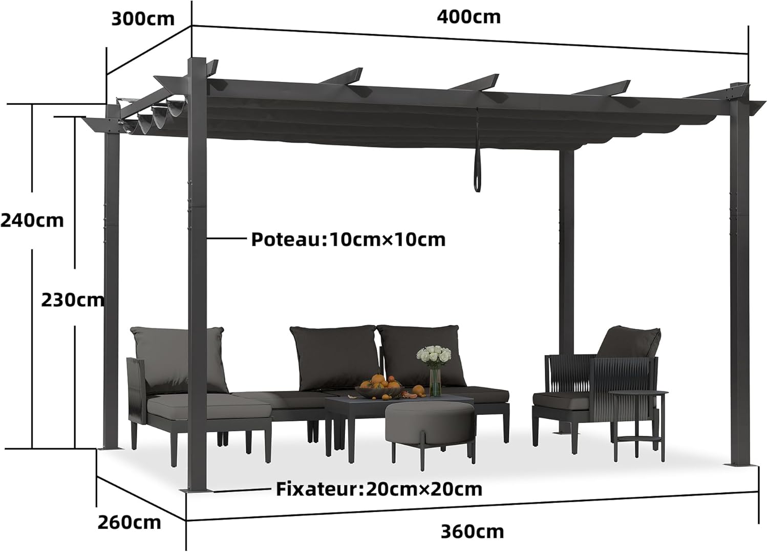 jardinito – pergola aluminium – 4x3m – toit rétractable, éclairage intégré