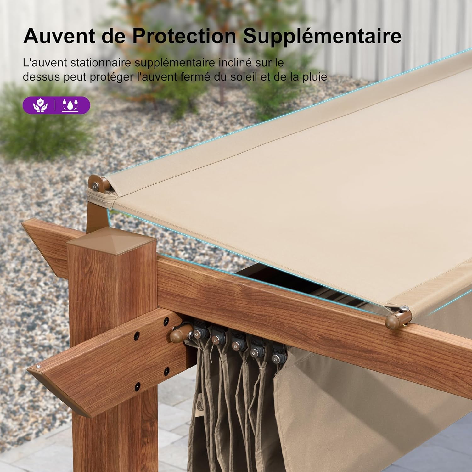 jardinito - pergola aluminium 4x3m teck, toile rétractable, kaki
