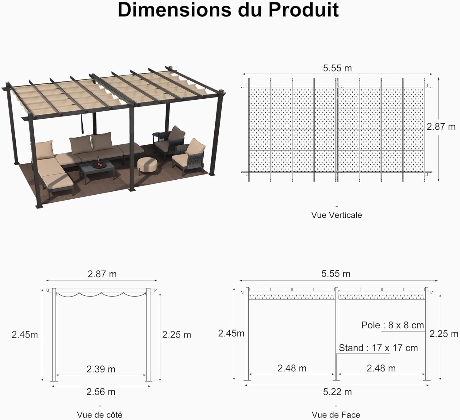 jardinito - Pergola alu 5,5x3m, toit rétractable LED, kaki
