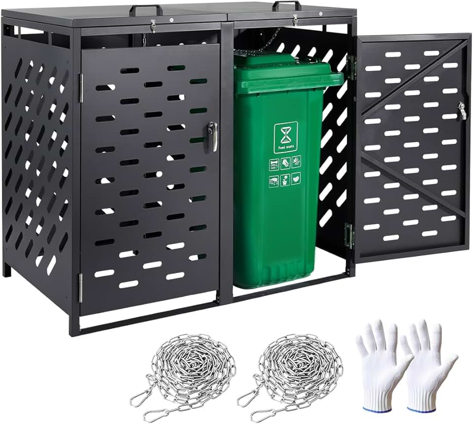 jardinito Abri pour poubelles, 2 x 240 L, Rangement pour poubelles Horizontal, avec Couvercle à chaîne, boîte de Rangement à poubelles d'extérieur, étanche et verrouillable, pour Jardin, Cour et terrasse