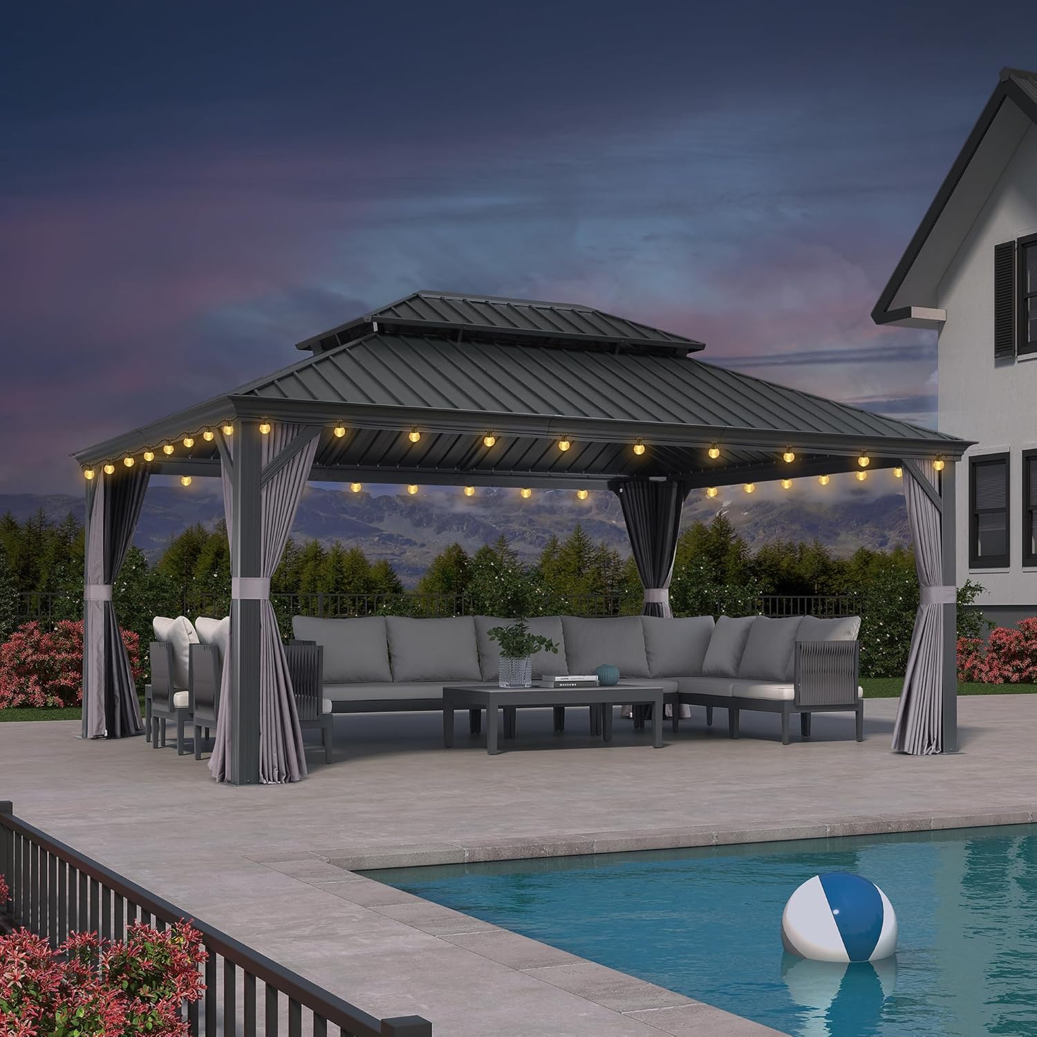 jardinito - pergola éclairée 5,2x4m, aluminium, rideaux, gouttière, gris