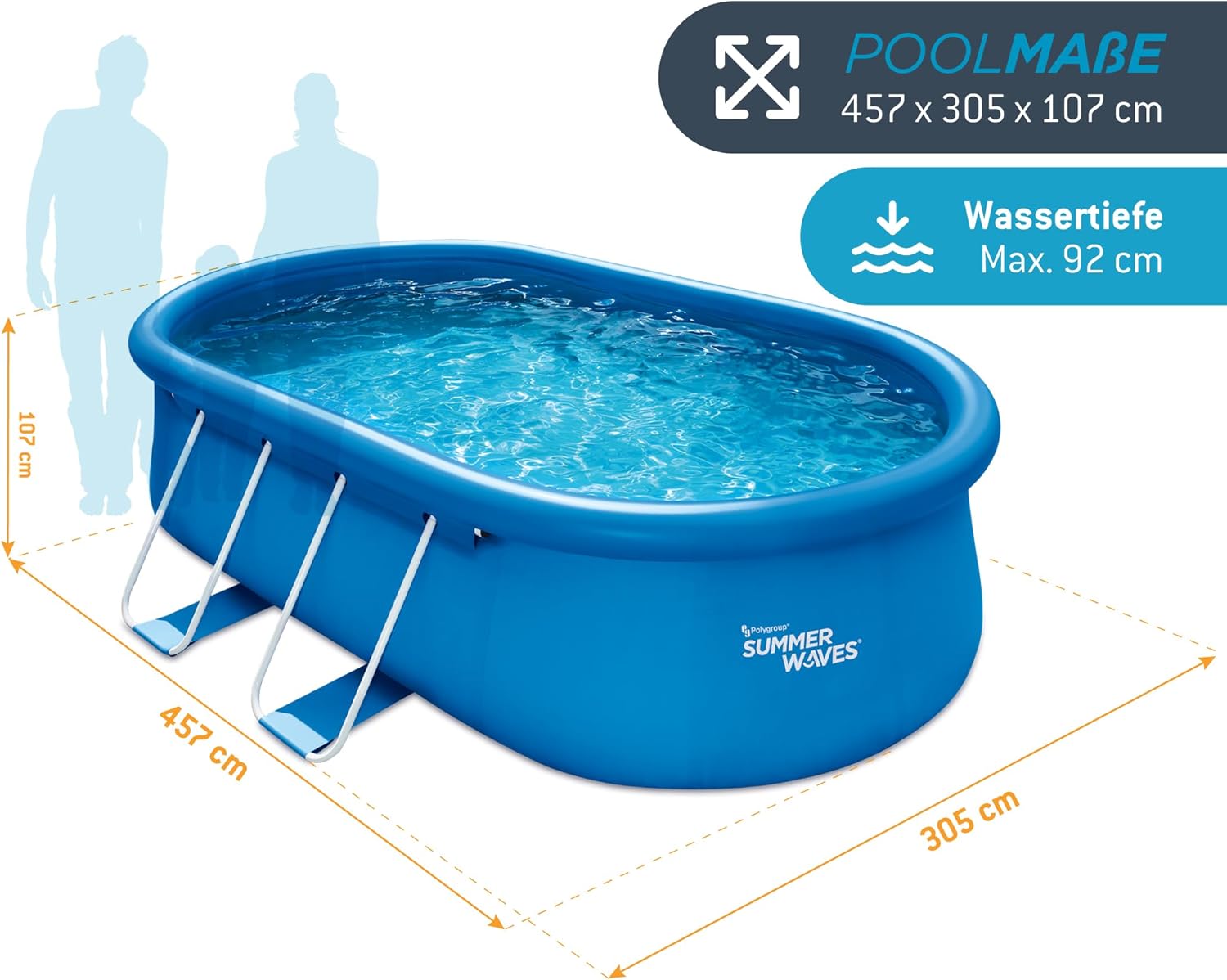 jardinito Quick Up Kit complet de piscine - Ovale - 457 x 305 x 107 cm - Bleu - Piscine hors-sol et piscine avec pompe à filtre, échelle, tapis de sol et bâche