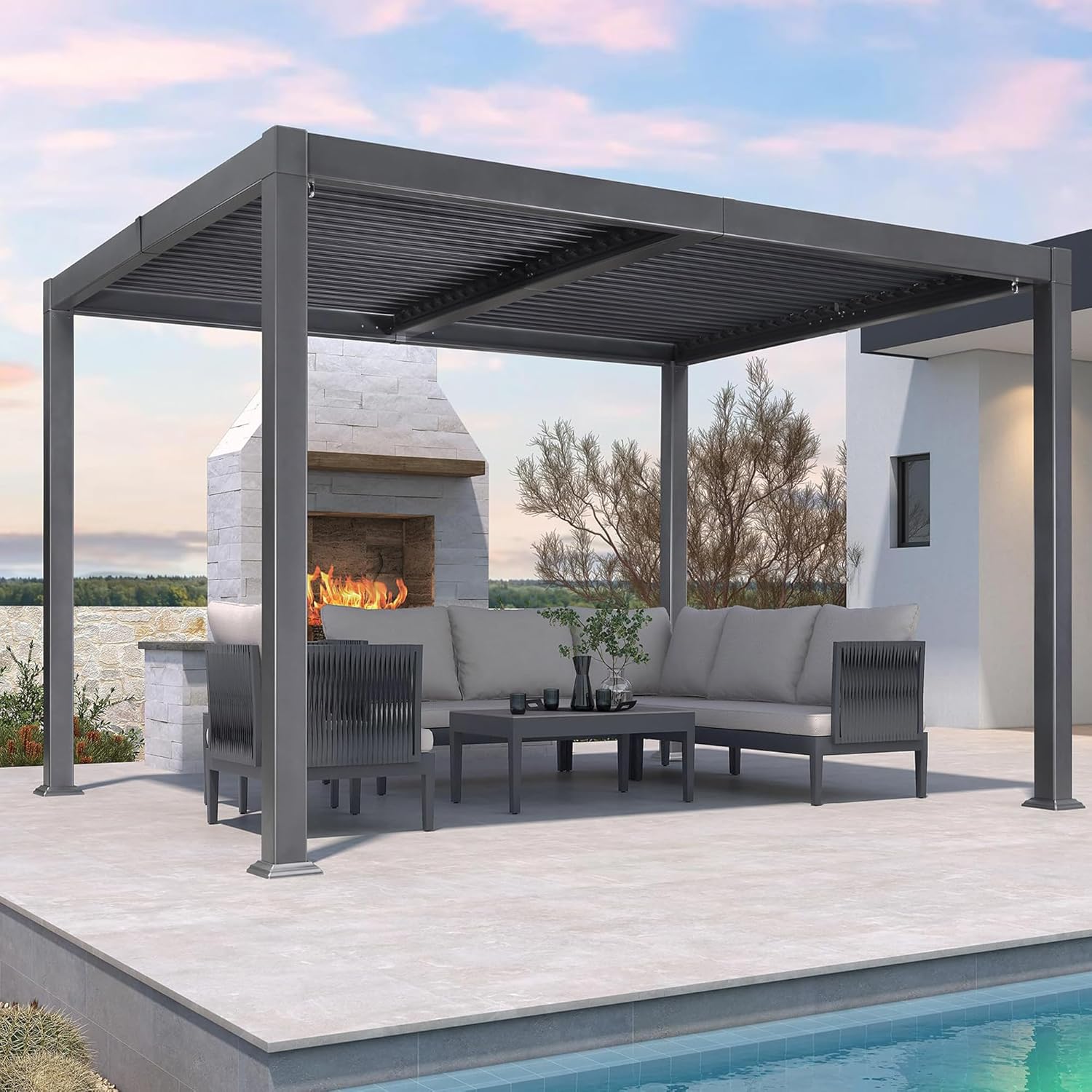 jardinito - pergola bioclimatique - 3x3,65m - aluminium, lames orientables, gris