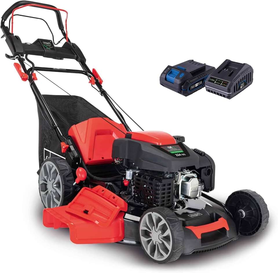 jardinito Tondeuse à Gazon Hybride MS225-56E – Tondeuse à Essence – Moteur à Essence 4 Temps de 6 CV / 4,4 KW – 224 cm³ – Largeur de Coupe 56 cm – Démarrage électrique – Batterie + Chargeur Inclus