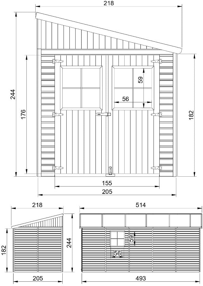 Abri de Jardin en Bois Naturel (avec paroi latérale) Plus Les PLANCHERS IMPRÉGNÉ- Stockage extérieur avec fenêtres- H244x218x514 cm/10 m2- Atelier Rangement Outils et vélos- jardinito M341A+M341G