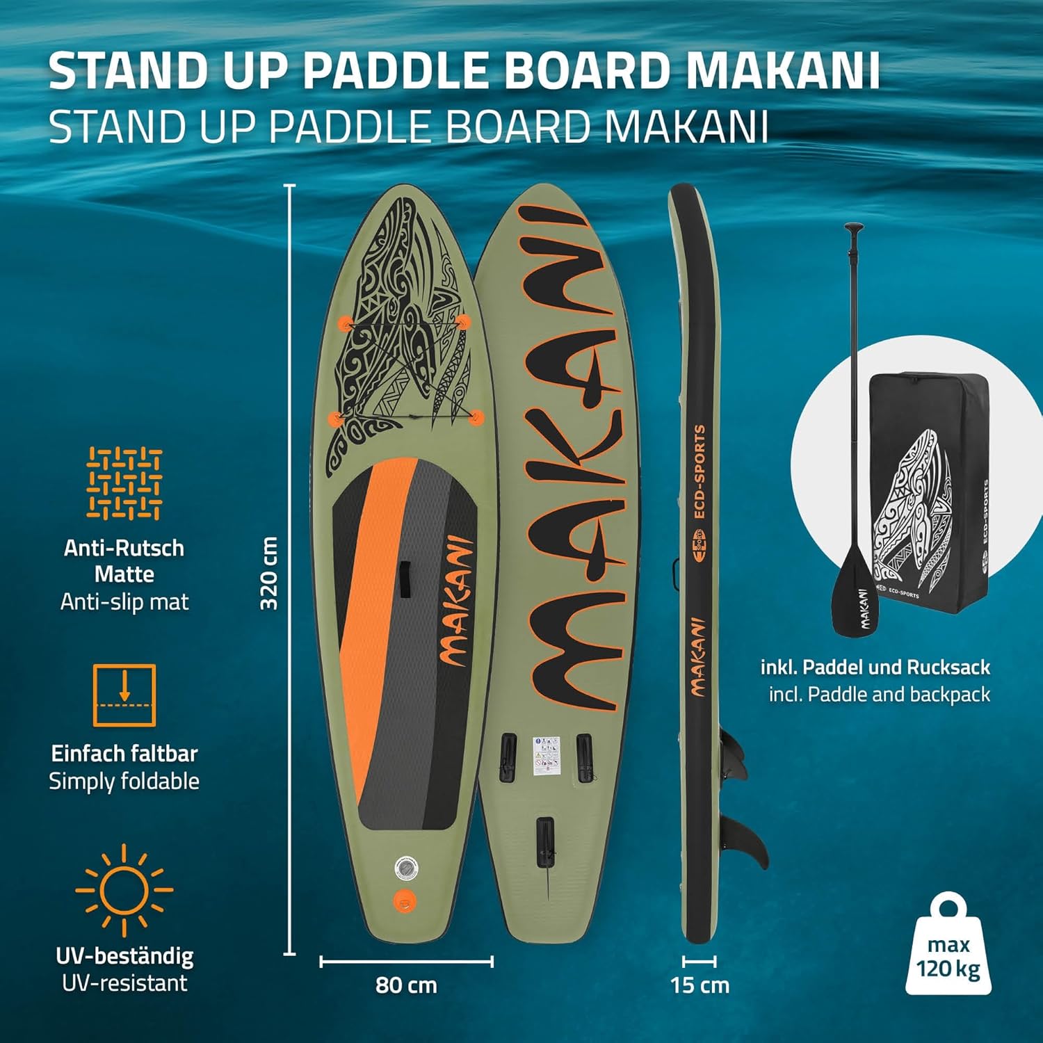 jardinito - Stand Up Paddle Série - 305/308/320/380 cm - PVC, 120/150 kg, épaisseur 10/15 cm, sac, pompe