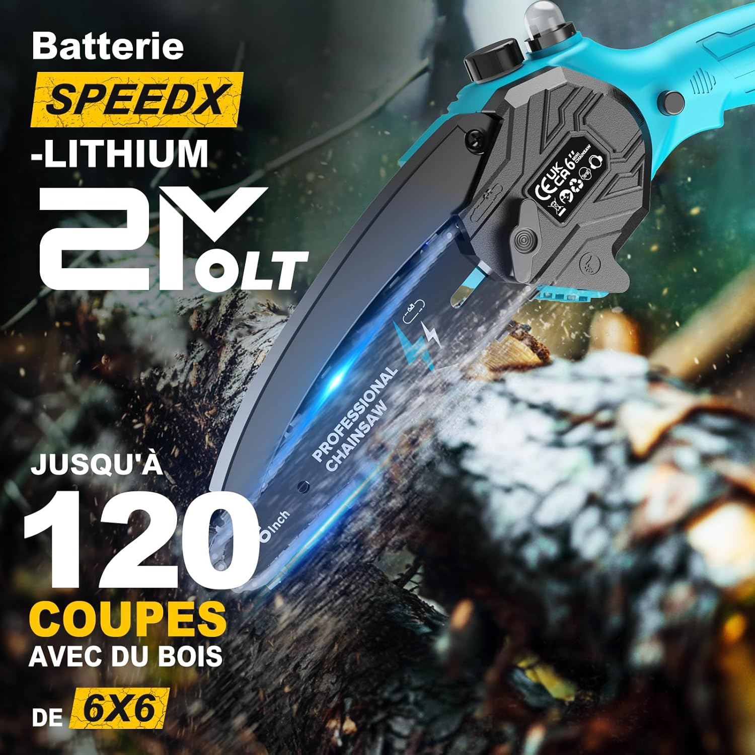 Mini Tronconneuse a Batterie 6 Pouces, 900W Tronconneuse Electrique Sans Fil avec 2x4000mAh, Chaîne Supplémentaire, Chargeur, Boîte à Outils, Elagueuse Batterie pour l'élagage le Jardin Projets DIY